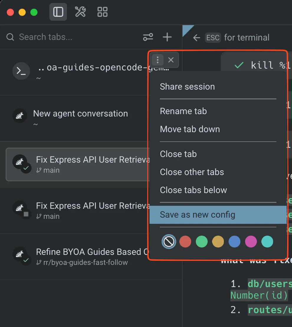 Creating a new tab config from the tab context menu in Warp